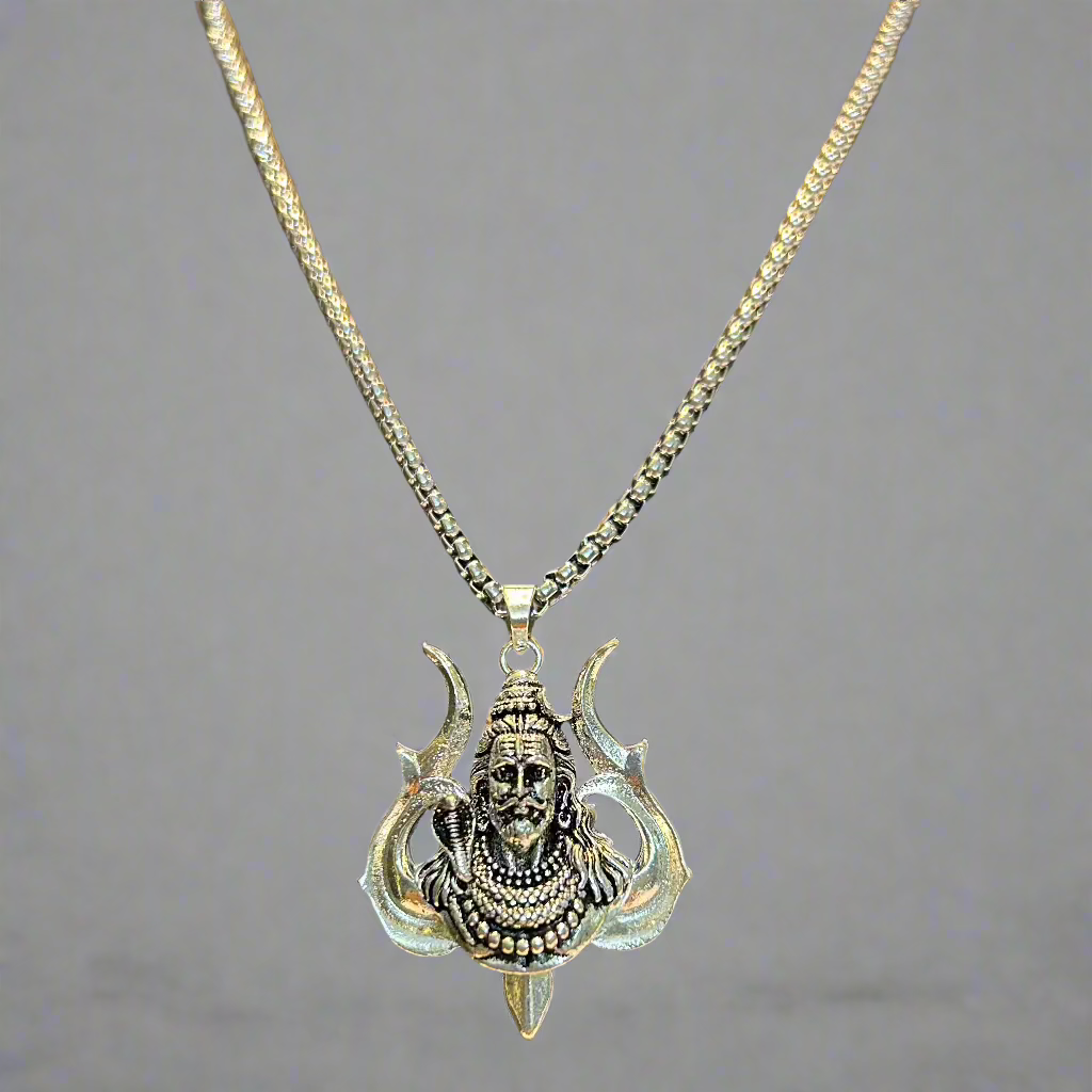 Premium Silver Lord Shiva Necklace over Trishul | Poshakwala.in